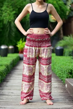 Bohotusk Red Elephant Herd Print Elasticated Smocked Waist Womens