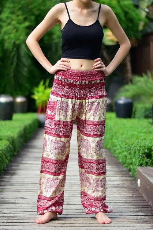 Bohotusk Red Elephant Herd Print Elasticated Smocked Waist Womens