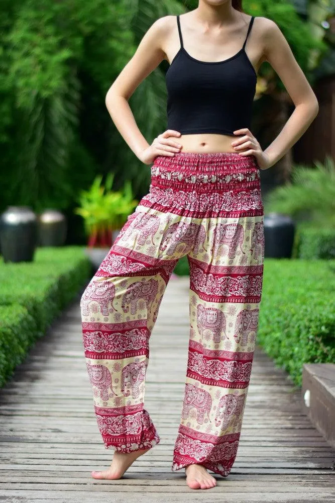 Bohotusk Red Elephant Herd Print Elasticated Smocked Waist Womens