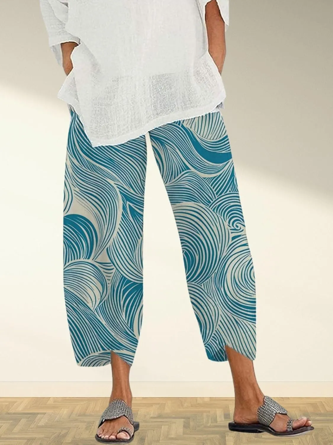 Capris Linen Pants for Women Ocean Japanese Art Printed Baggy Cropped Wide Leg Pallazzo Trousers Pants for Beach