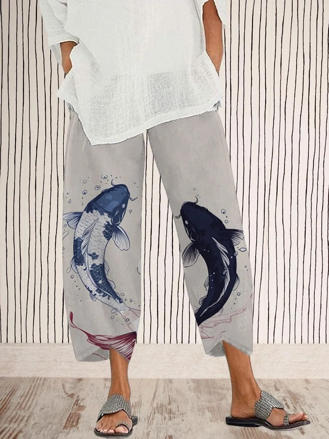 Capris Linen Pants for Women Ocean Japanese Art Printed Baggy Cropped Wide Leg Pallazzo Trousers Pants for Beach
