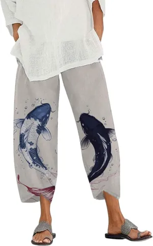 Capris Linen Pants for Women Ocean Japanese Art Printed Baggy Cropped Wide Leg Pallazzo Trousers Pants for Beach
