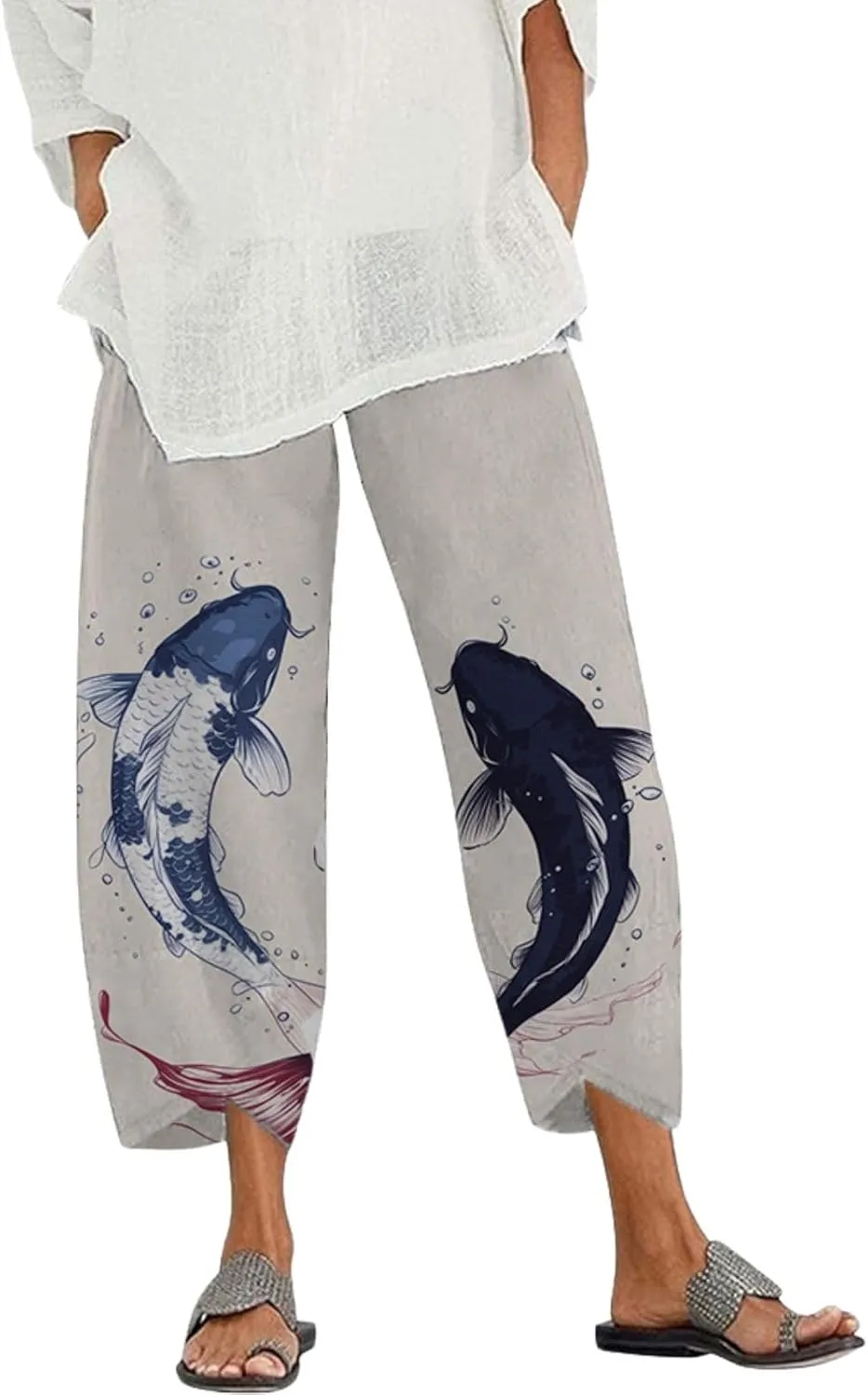 Capris Linen Pants for Women Ocean Japanese Art Printed Baggy Cropped Wide Leg Pallazzo Trousers Pants for Beach