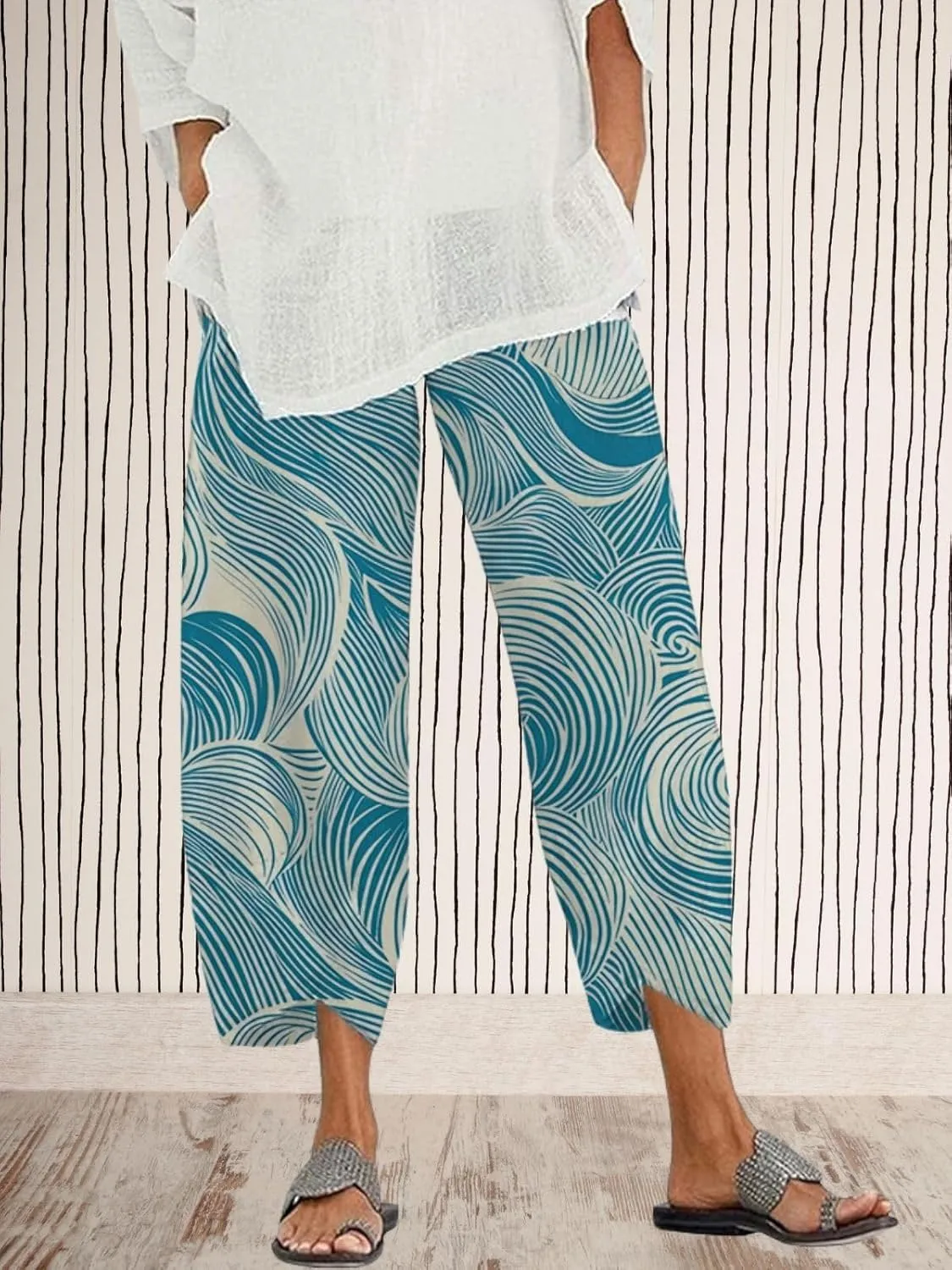 Capris Linen Pants for Women Ocean Japanese Art Printed Baggy Cropped Wide Leg Pallazzo Trousers Pants for Beach
