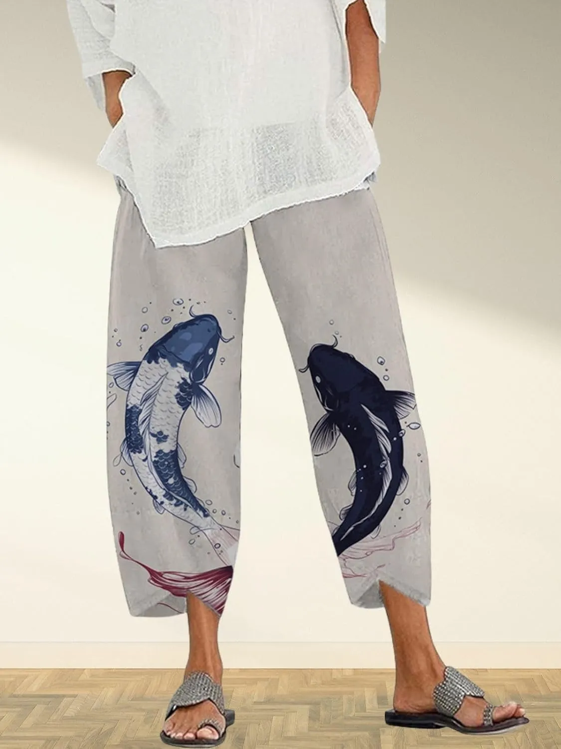 Capris Linen Pants for Women Ocean Japanese Art Printed Baggy Cropped Wide Leg Pallazzo Trousers Pants for Beach