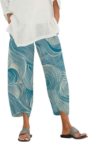 Capris Linen Pants for Women Ocean Japanese Art Printed Baggy Cropped Wide Leg Pallazzo Trousers Pants for Beach
