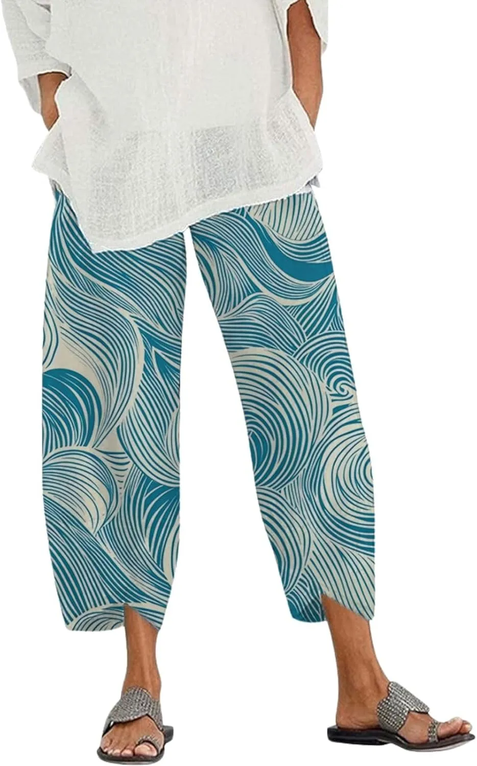 Capris Linen Pants for Women Ocean Japanese Art Printed Baggy Cropped Wide Leg Pallazzo Trousers Pants for Beach