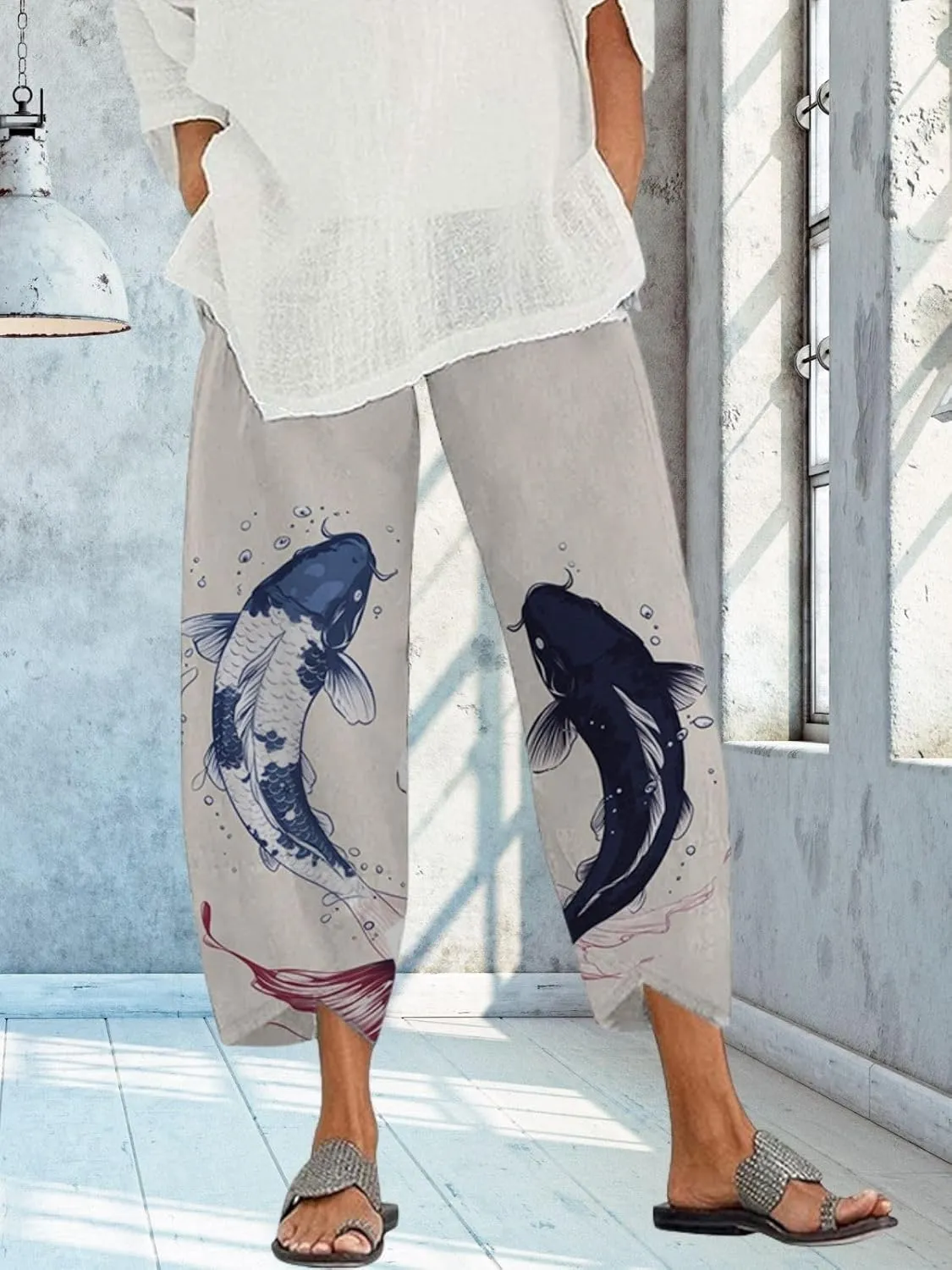 Capris Linen Pants for Women Ocean Japanese Art Printed Baggy Cropped Wide Leg Pallazzo Trousers Pants for Beach