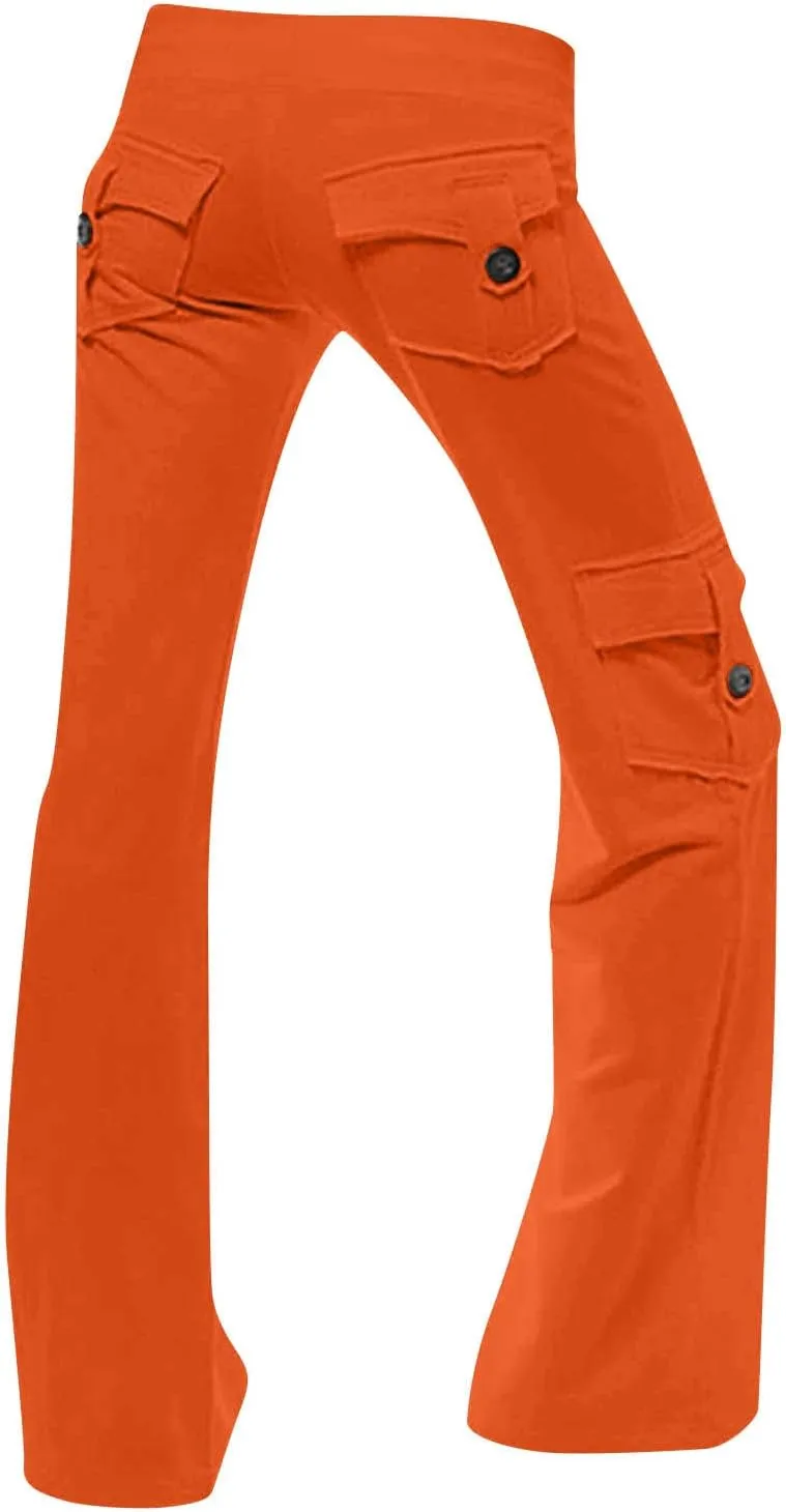 Cargo Yoga Pants with Pockets for Women Slim Fit Tight Barely Flare Leg Pants Stretch Athletic Workout Gym Pants