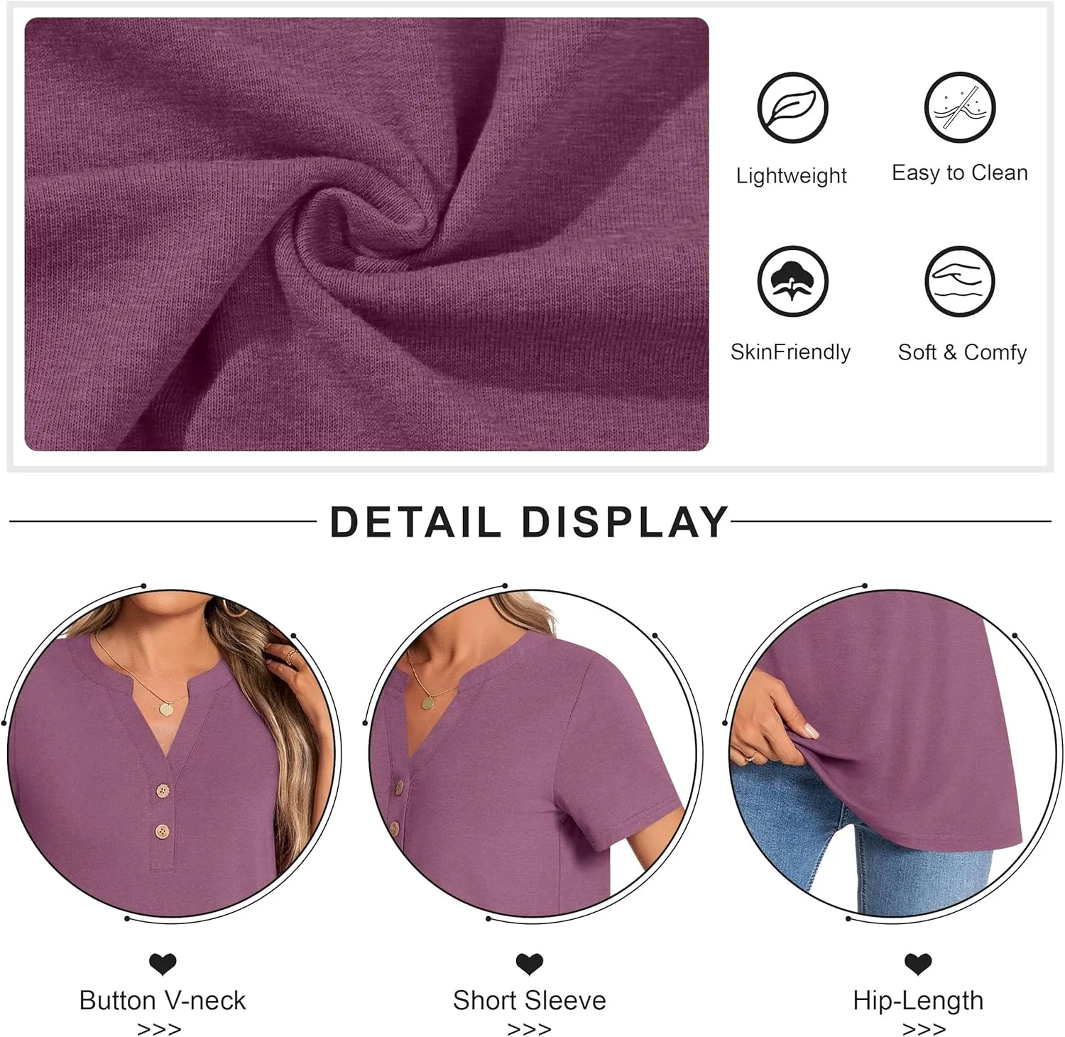 CATHY Womens Summer Tunic Tops Short Sleeve V-neck Henley Shirts Trendy Button Blouses