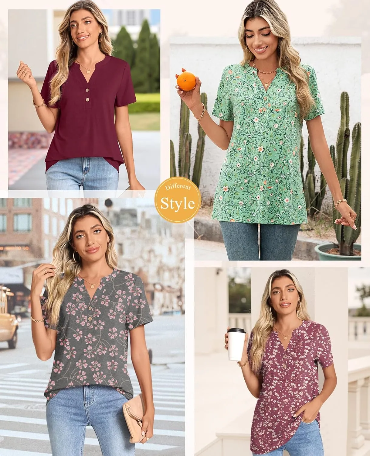 CATHY Womens Summer Tunic Tops Short Sleeve V-neck Henley Shirts Trendy Button Blouses