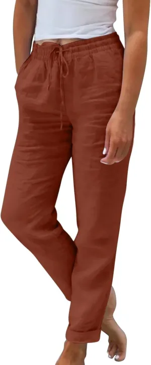 Cropped Linen Pants Women Plus Size Drawstring Elastic High Waisted Joggers Lightweight Summer Ankle Pants w/Pockets