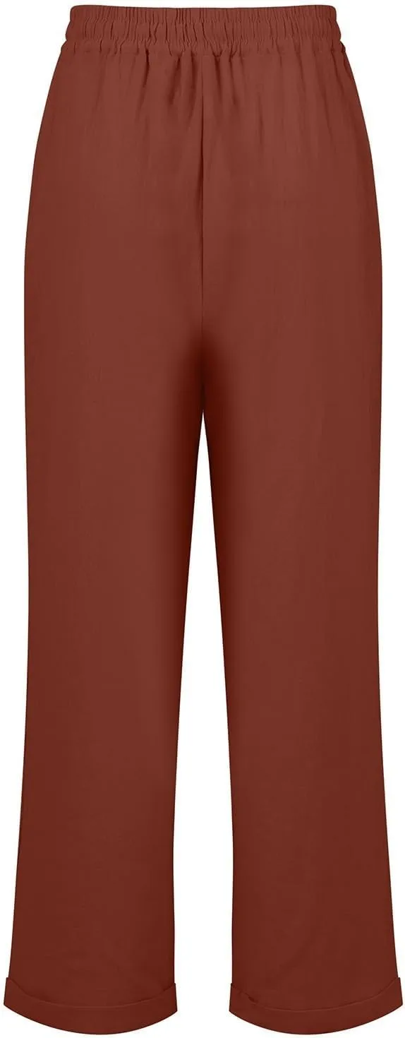 Cropped Linen Pants Women Plus Size Drawstring Elastic High Waisted Joggers Lightweight Summer Ankle Pants w/Pockets