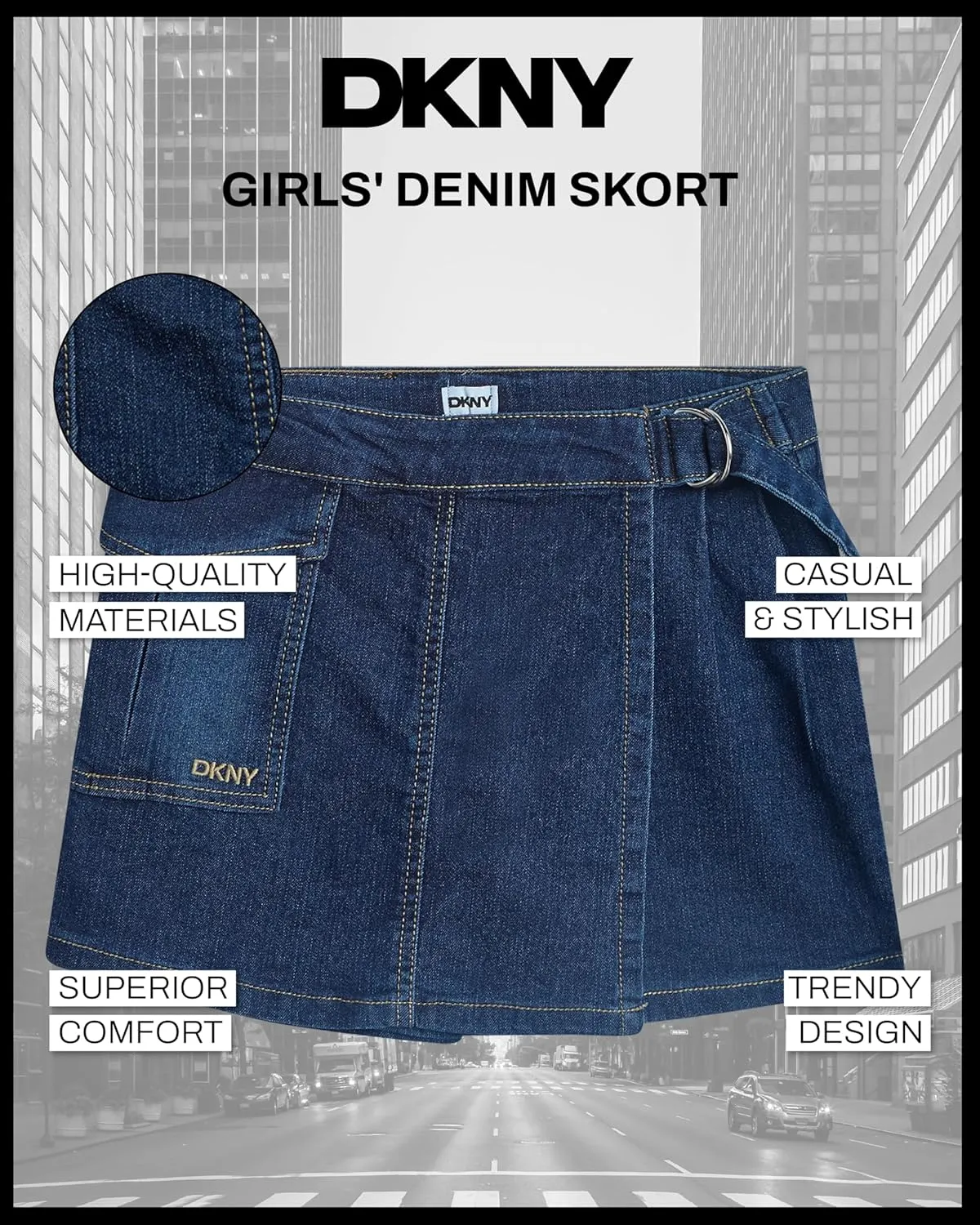 DKNY Girls' Denim Skort - High-Waisted Casual Everyday Mini Skort Skirts for Girls with Pockets (Sizes: 7-16)