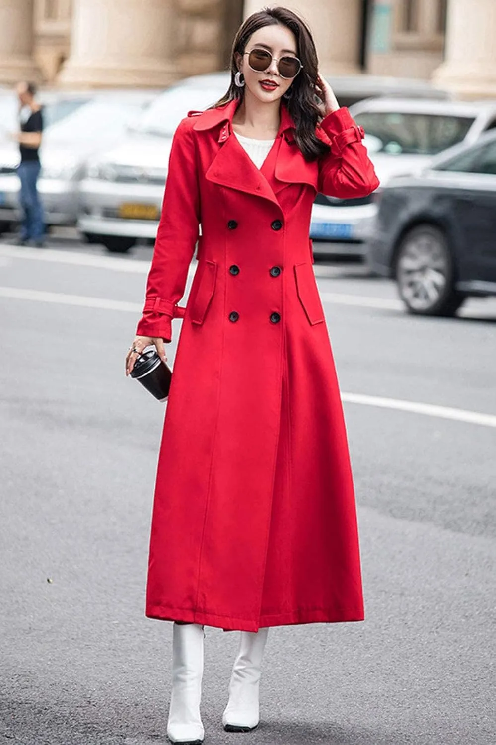 ebossy Women's Double Breasted Duster Trench Coat Slim Full Length Maxi Long Overcoat