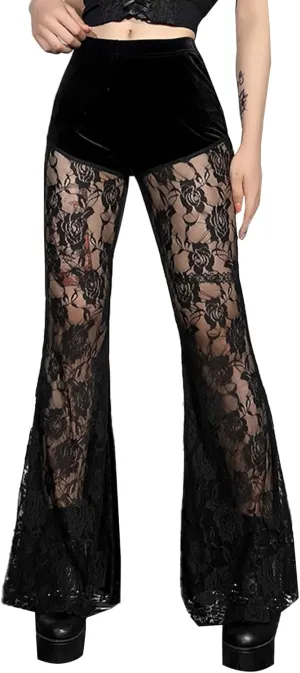 FEOYA Gothic Black Lace Flare Pants for Women Elastic Waist Victorian Bell Bottoms Mesh Punk Disco Pant