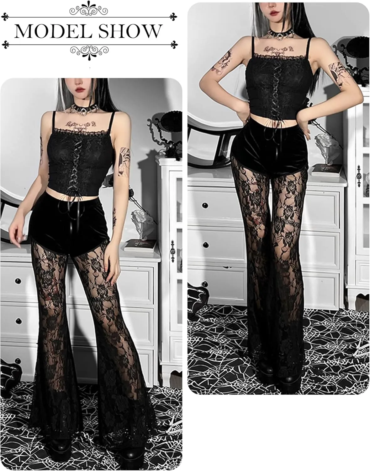 FEOYA Gothic Black Lace Flare Pants for Women Elastic Waist Victorian Bell Bottoms Mesh Punk Disco Pant