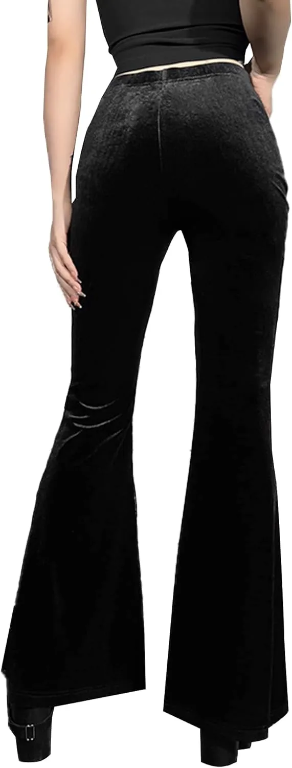 FEOYA Gothic Black Lace Flare Pants for Women Elastic Waist Victorian Bell Bottoms Mesh Punk Disco Pant