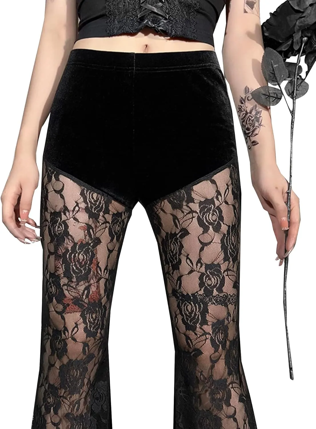 FEOYA Gothic Black Lace Flare Pants for Women Elastic Waist Victorian Bell Bottoms Mesh Punk Disco Pant