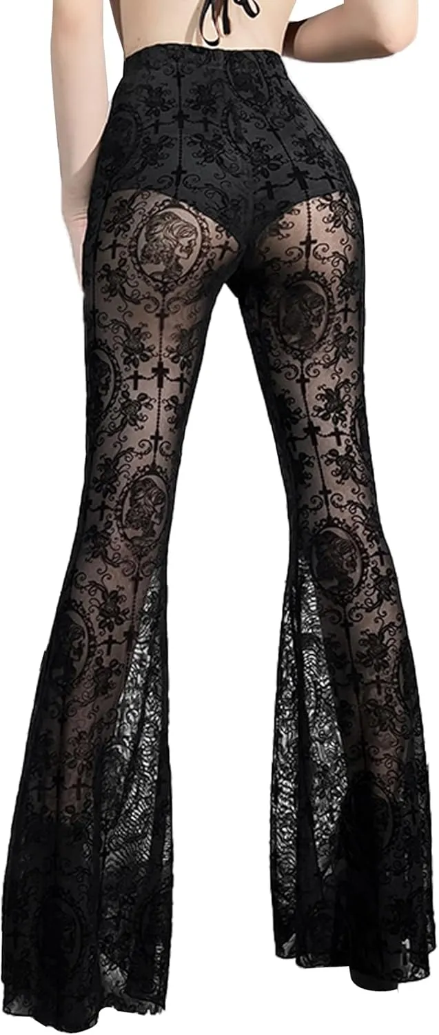 FEOYA Gothic Black Lace Flare Pants for Women Elastic Waist Victorian Bell Bottoms Mesh Punk Disco Pant