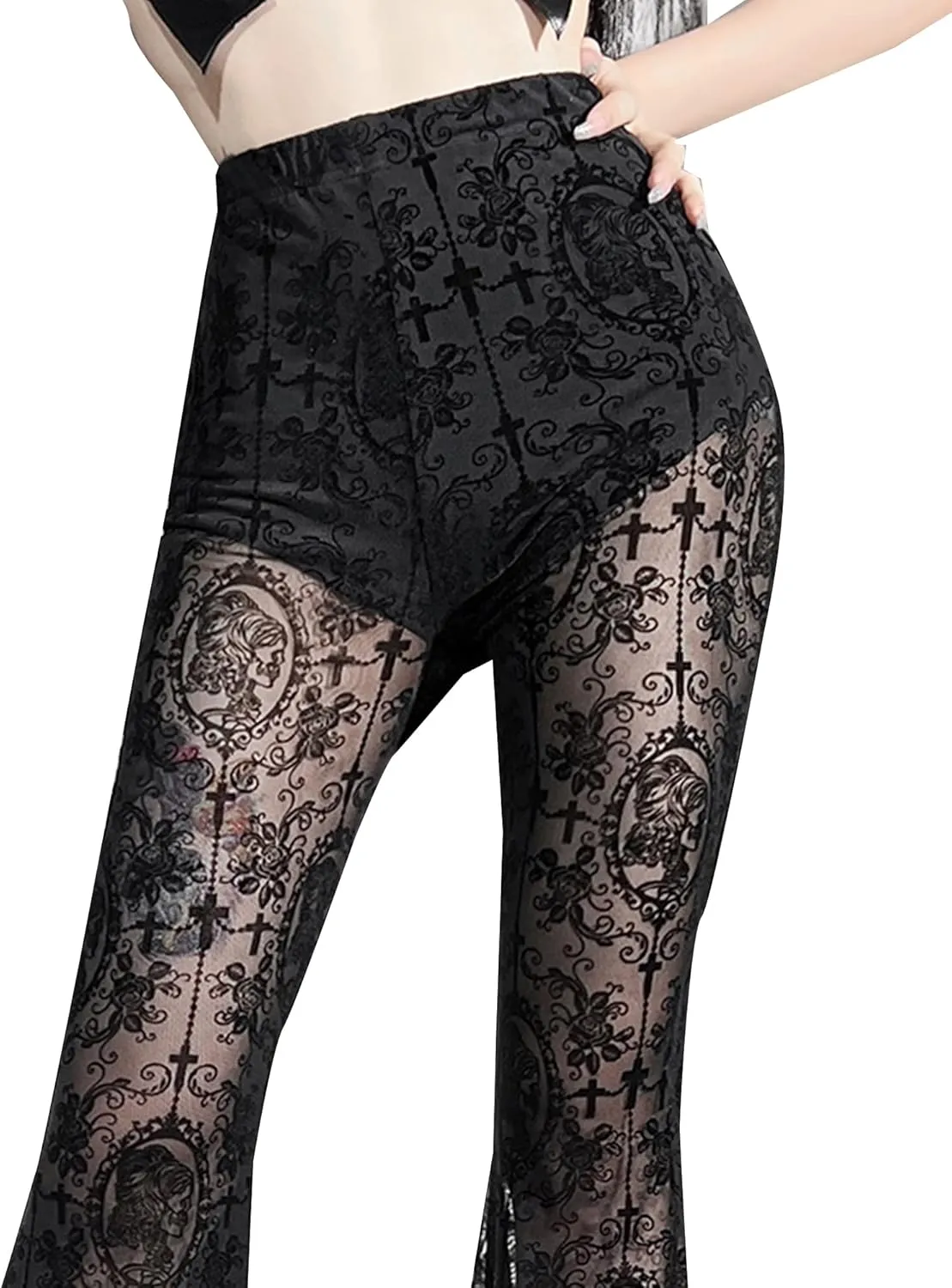 FEOYA Gothic Black Lace Flare Pants for Women Elastic Waist Victorian Bell Bottoms Mesh Punk Disco Pant
