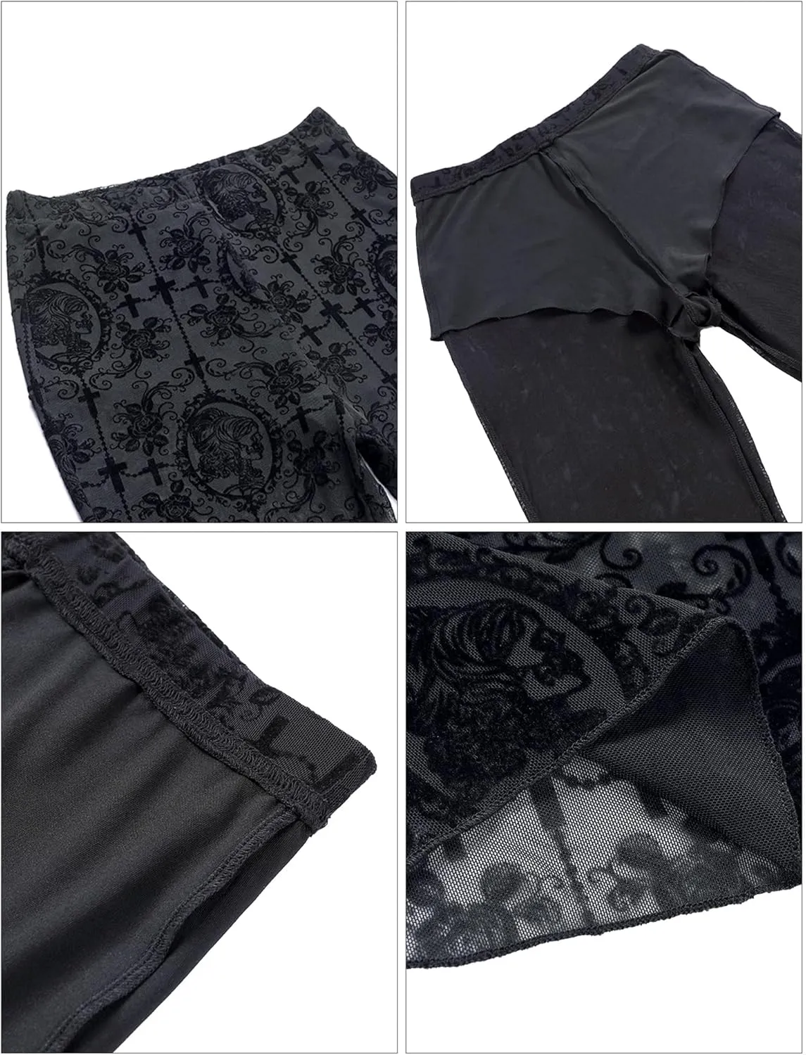 FEOYA Gothic Black Lace Flare Pants for Women Elastic Waist Victorian Bell Bottoms Mesh Punk Disco Pant