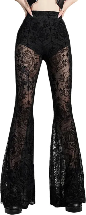 FEOYA Gothic Black Lace Flare Pants for Women Elastic Waist Victorian Bell Bottoms Mesh Punk Disco Pant