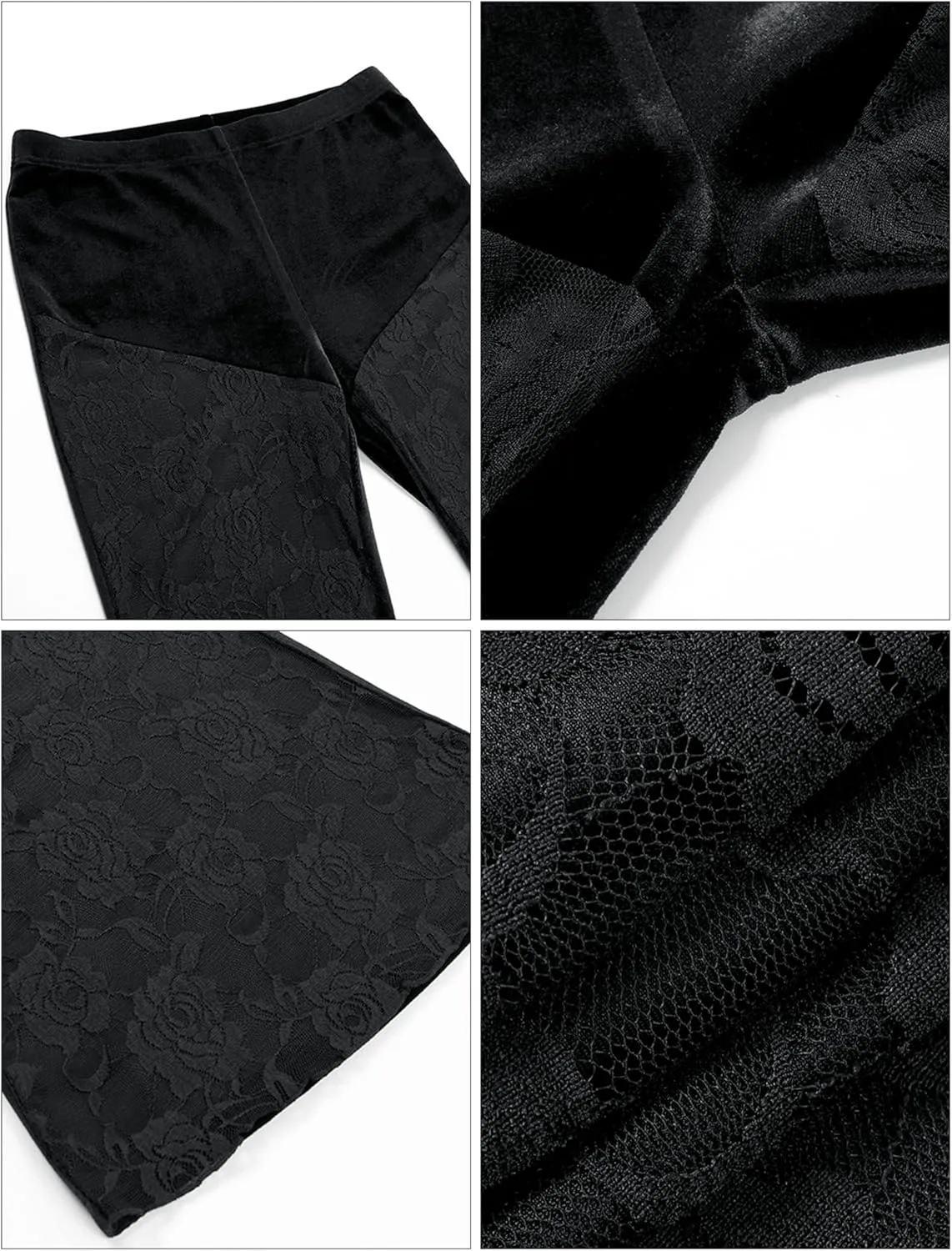 FEOYA Gothic Black Lace Flare Pants for Women Elastic Waist Victorian Bell Bottoms Mesh Punk Disco Pant