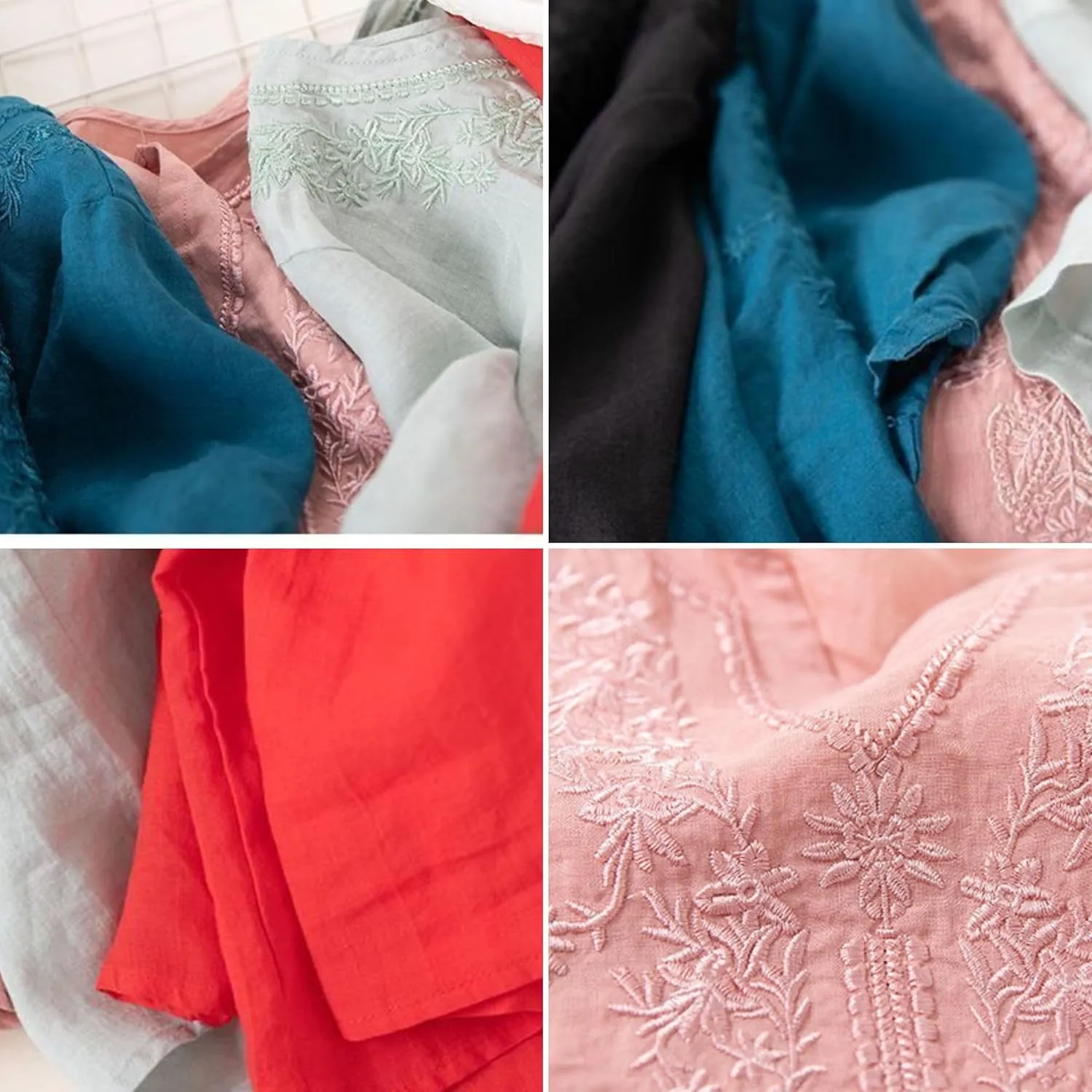 FindThy Women's Floral Embroidery Linen Shirts 3/4 Sleeve Round Neck Babydoll Tops Blouses