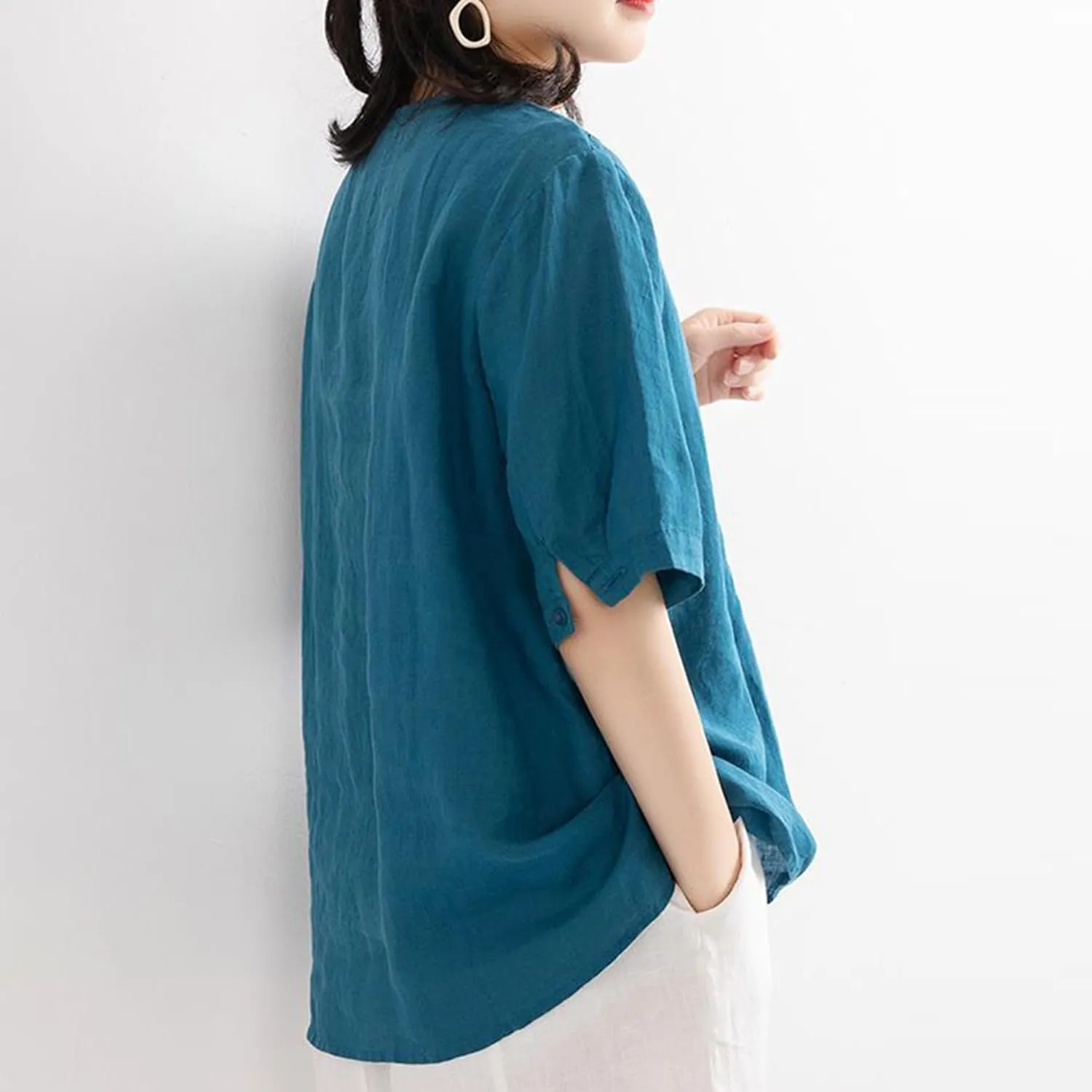 FindThy Women's Floral Embroidery Linen Shirts 3/4 Sleeve Round Neck Babydoll Tops Blouses
