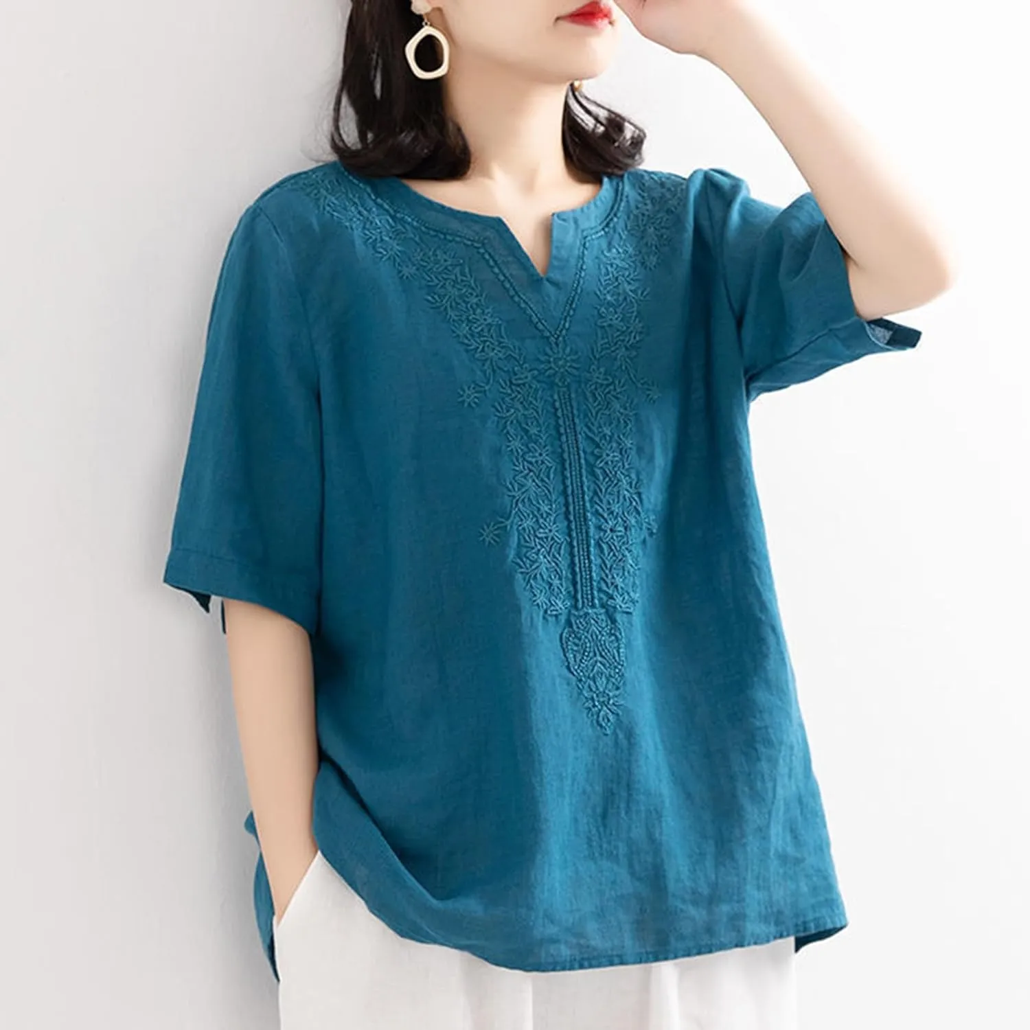 FindThy Women's Floral Embroidery Linen Shirts 3/4 Sleeve Round Neck Babydoll Tops Blouses