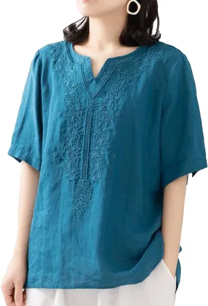 FindThy Women's Floral Embroidery Linen Shirts 3/4 Sleeve Round Neck Babydoll Tops Blouses