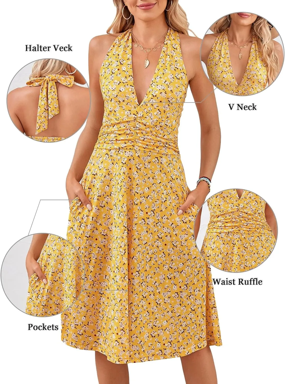 HUHOT Women's Summer Sundress Sleeveless Halter Neck Spring 2025 Floral with Pocket Elastic Waist Ruffle Mini Dresses