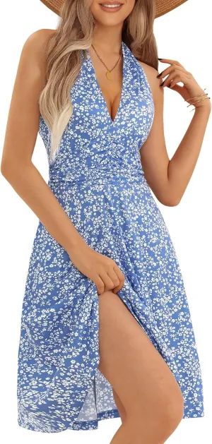 HUHOT Women's Summer Sundress Sleeveless Halter Neck Spring 2025 Floral with Pocket Elastic Waist Ruffle Mini Dresses