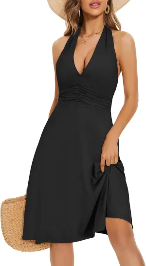 HUHOT Women's Summer Sundress Sleeveless Halter Neck Spring 2025 Floral with Pocket Elastic Waist Ruffle Mini Dresses