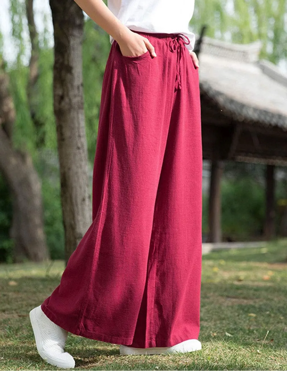 IXIMO Women's Cotton Linen Wide Leg Pants Casual Drawstring Lounge Palazzo Loose Trousers