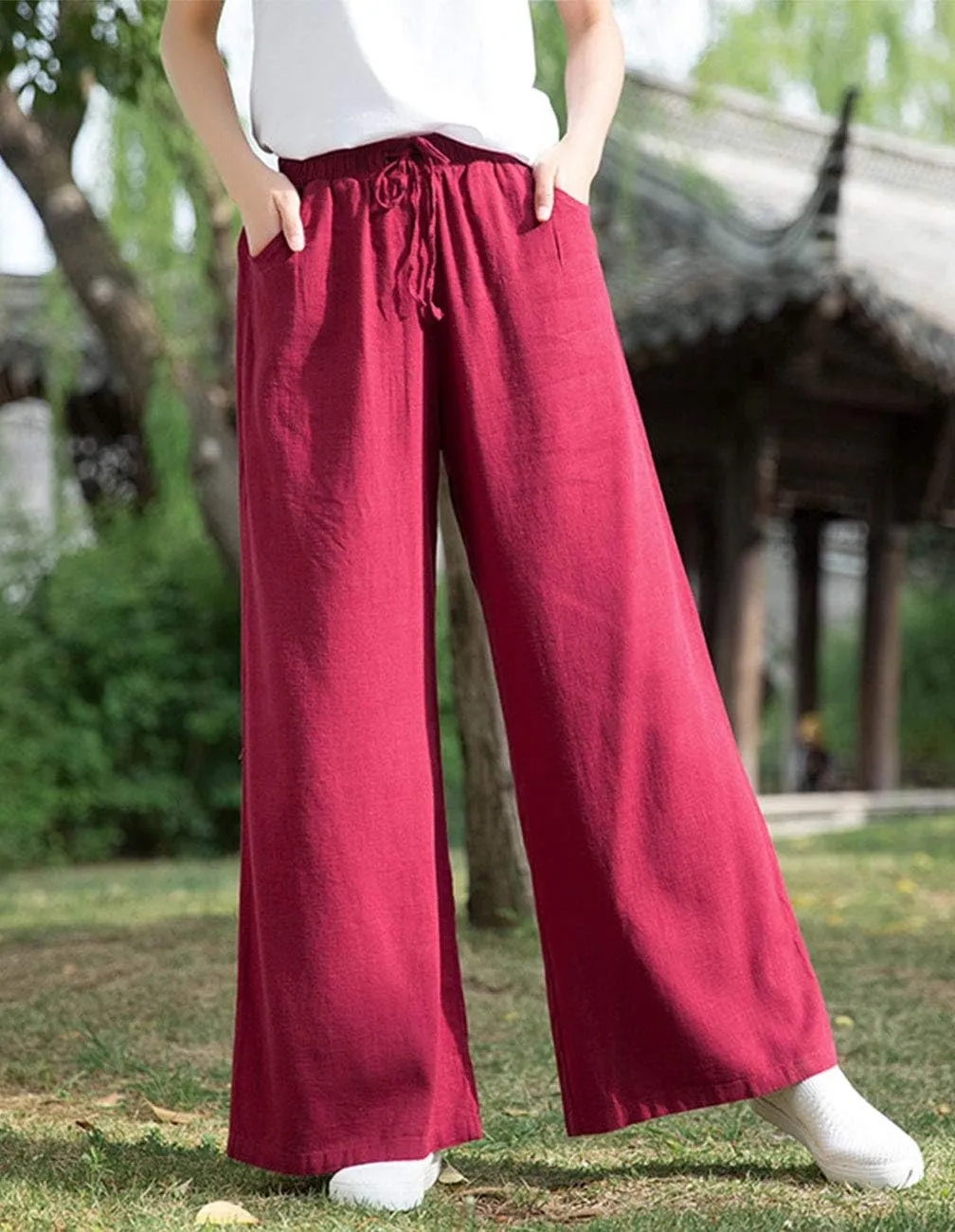 IXIMO Women's Cotton Linen Wide Leg Pants Casual Drawstring Lounge Palazzo Loose Trousers
