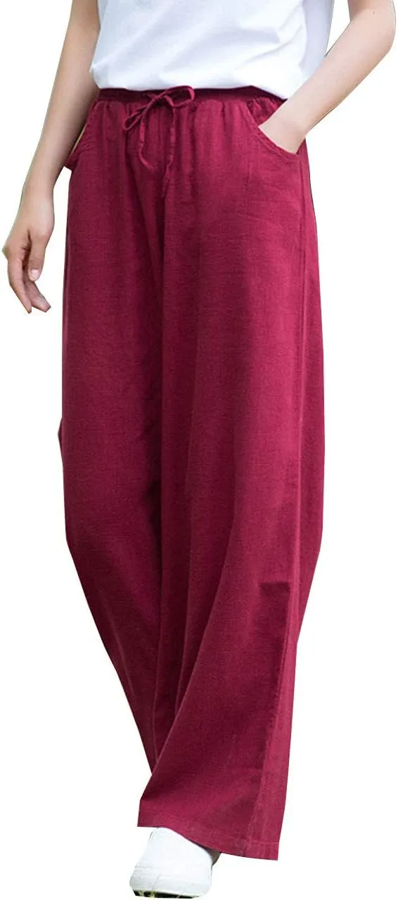 IXIMO Women's Cotton Linen Wide Leg Pants Casual Drawstring Lounge Palazzo Loose Trousers
