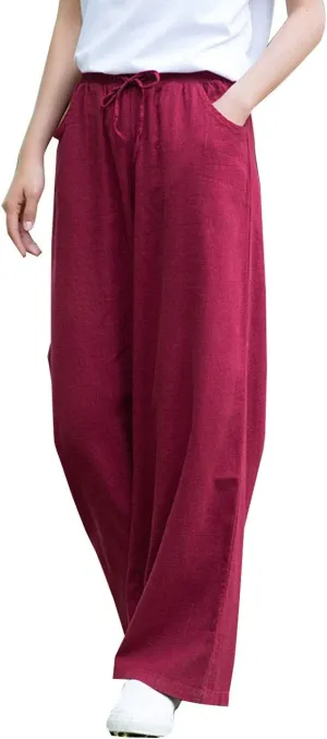 IXIMO Women's Cotton Linen Wide Leg Pants Casual Drawstring Lounge Palazzo Loose Trousers