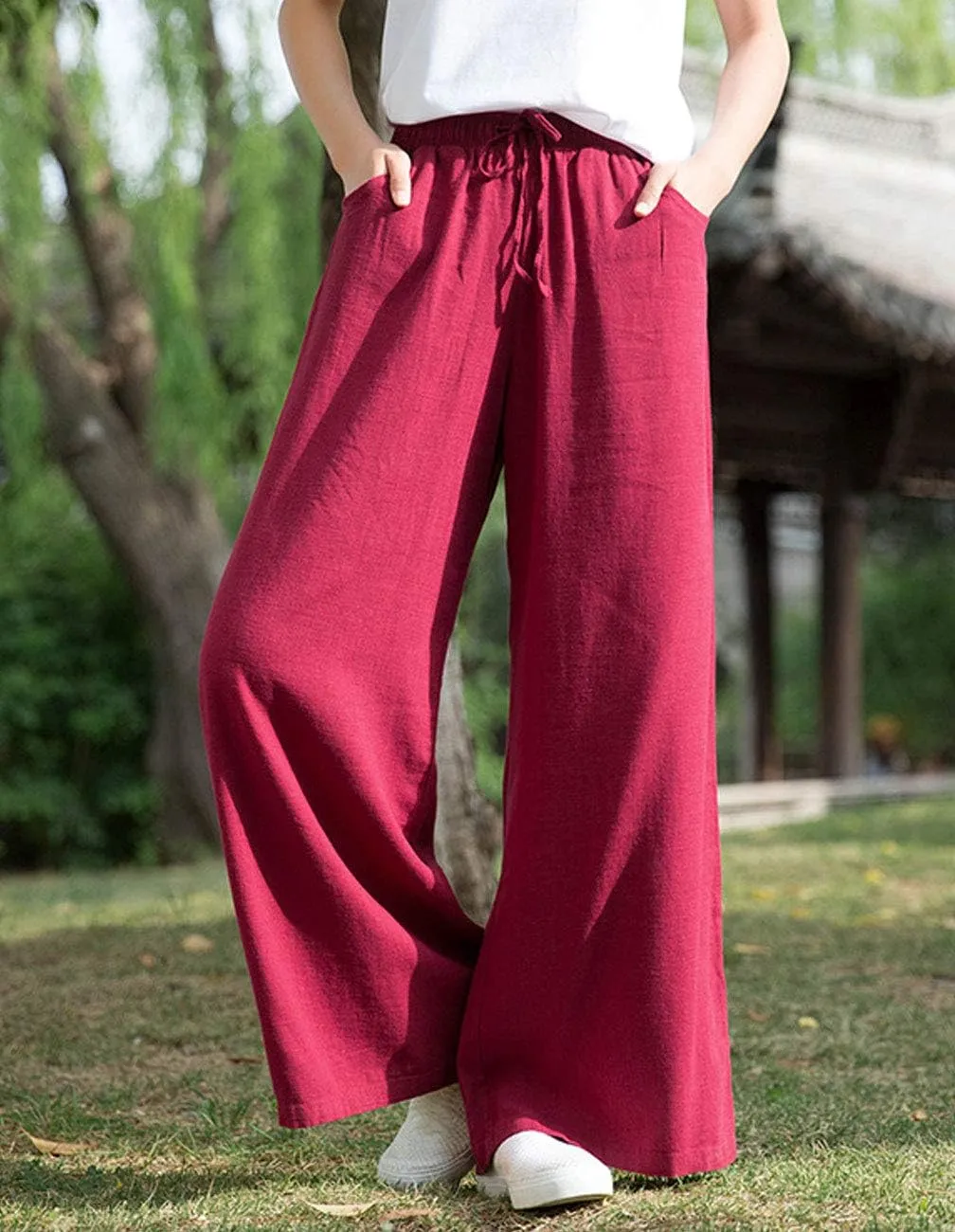 IXIMO Women's Cotton Linen Wide Leg Pants Casual Drawstring Lounge Palazzo Loose Trousers
