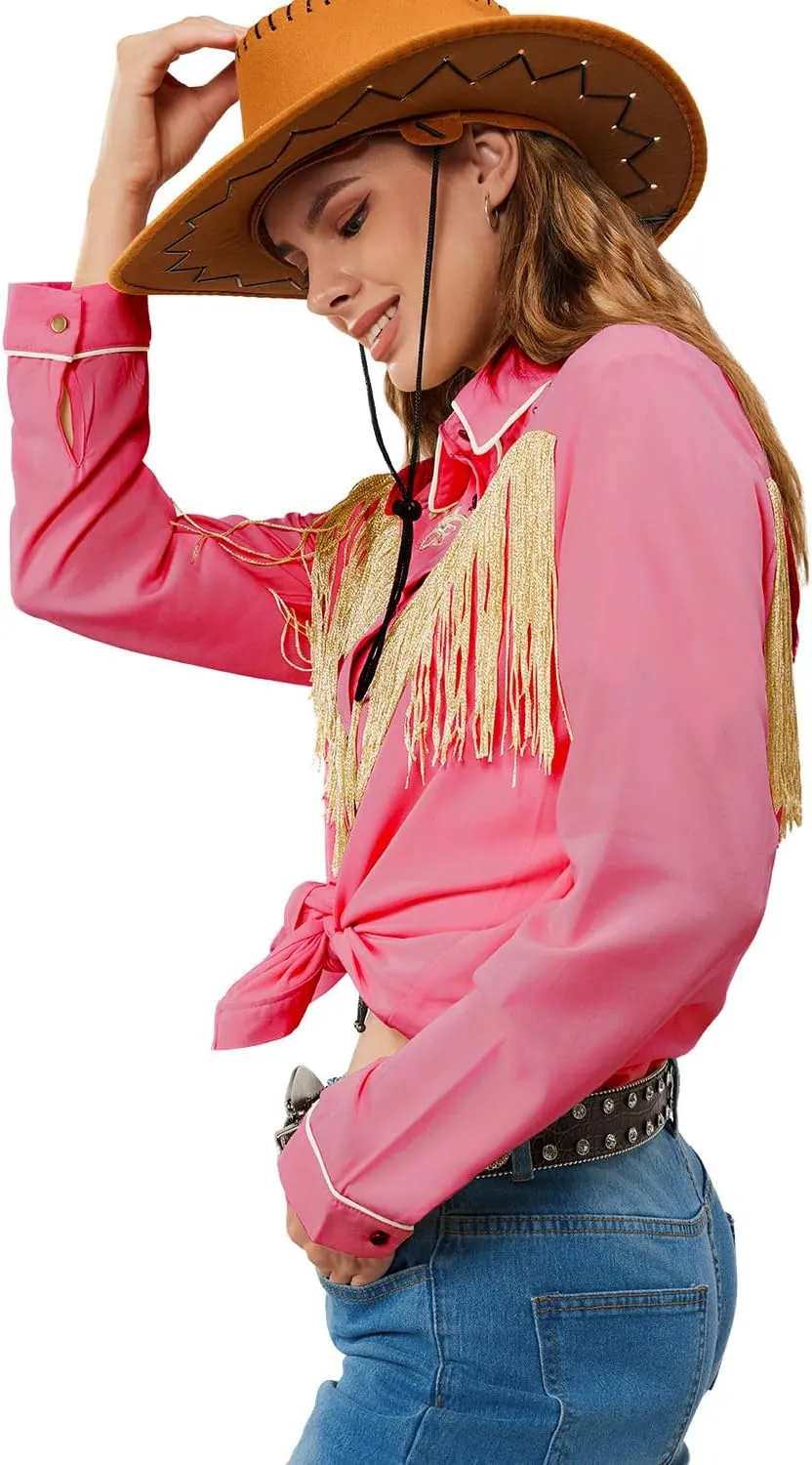 JOHN MOON Women's Fringe Western Button Down Shirts with Studs Floral Embroidered Cowgirl Tops Country Style Snap Blouses