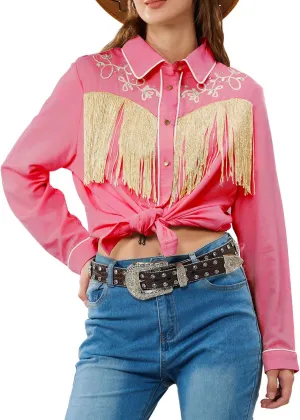 JOHN MOON Women's Fringe Western Button Down Shirts with Studs Floral Embroidered Cowgirl Tops Country Style Snap Blouses