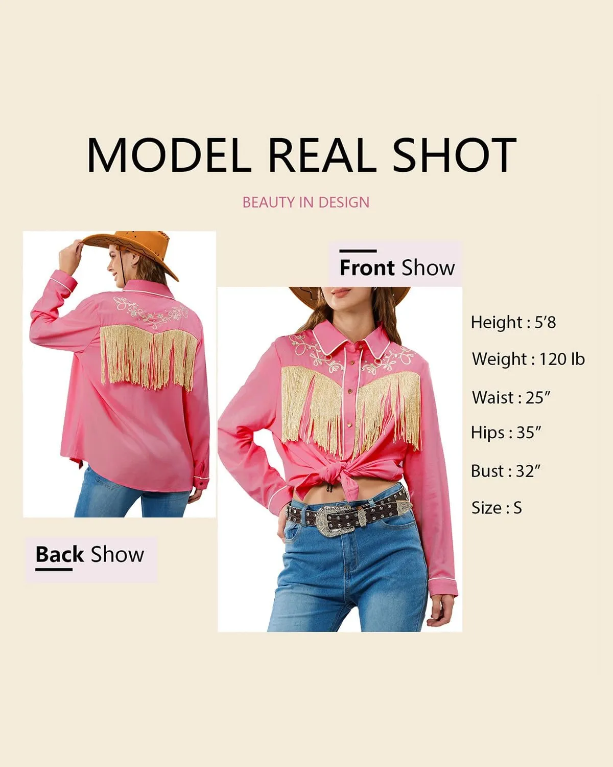 JOHN MOON Women's Fringe Western Button Down Shirts with Studs Floral Embroidered Cowgirl Tops Country Style Snap Blouses