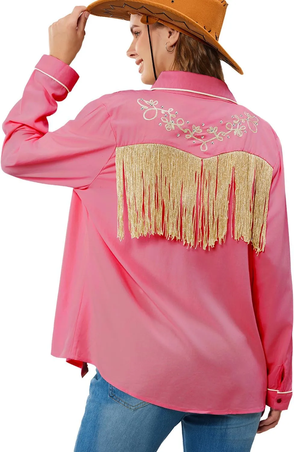 JOHN MOON Women's Fringe Western Button Down Shirts with Studs Floral Embroidered Cowgirl Tops Country Style Snap Blouses
