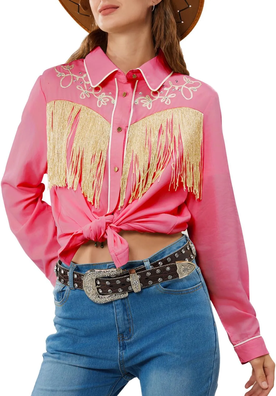JOHN MOON Women's Fringe Western Button Down Shirts with Studs Floral Embroidered Cowgirl Tops Country Style Snap Blouses