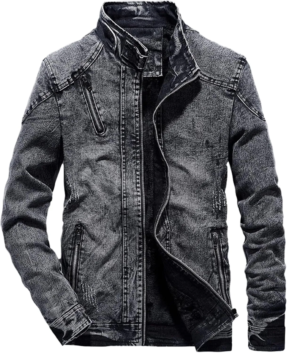 Men's Winter Distressed Denim Jacket Zipper Retro Band Collar Regular Fleece Lined Moto Jacket