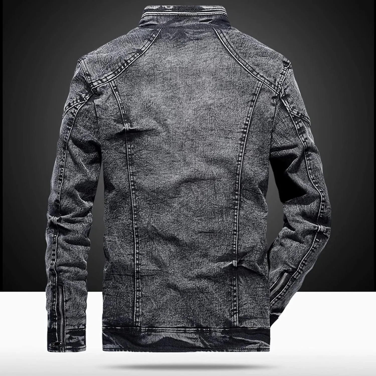 Men's Winter Distressed Denim Jacket Zipper Retro Band Collar Regular Fleece Lined Moto Jacket