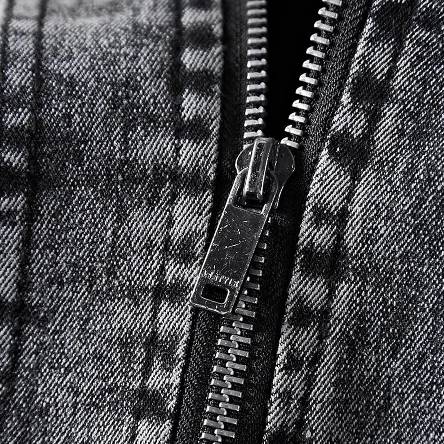 Men's Winter Distressed Denim Jacket Zipper Retro Band Collar Regular Fleece Lined Moto Jacket