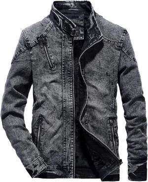 Men's Winter Distressed Denim Jacket Zipper Retro Band Collar Regular Fleece Lined Moto Jacket