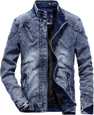 Men's Winter Distressed Denim Jacket Zipper Retro Band Collar Regular Fleece Lined Moto Jacket